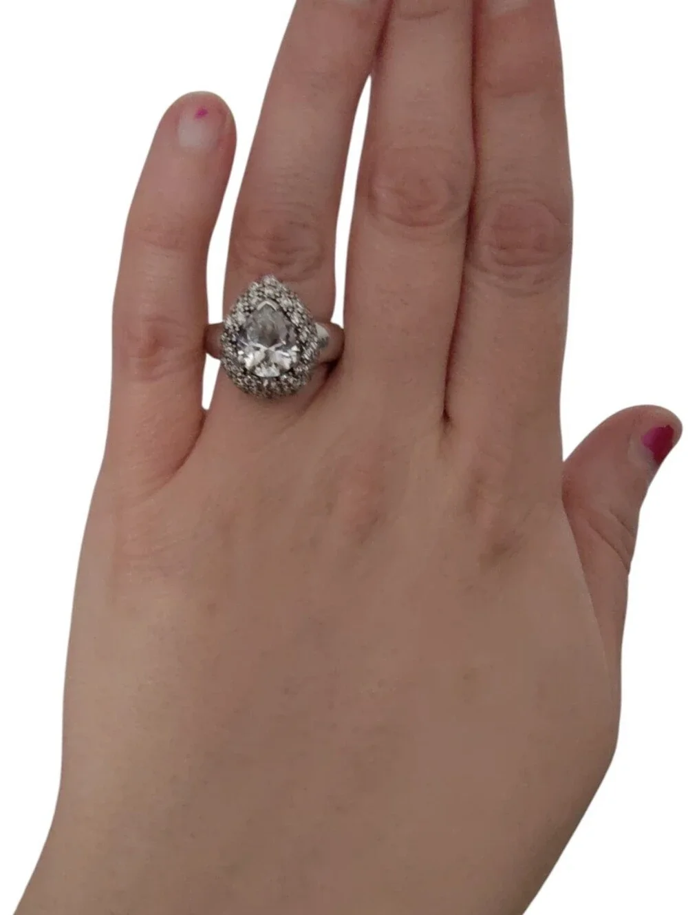 UTC Ultimate Trading Co 925 Sterling Silver Pear Cut CZ Double Halo Ring Sz 6
